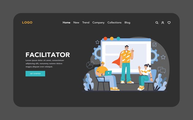 Noche de facilitador o modo oscuro web o página de aterrizaje participación guiada del equipo para una reunión optimizada