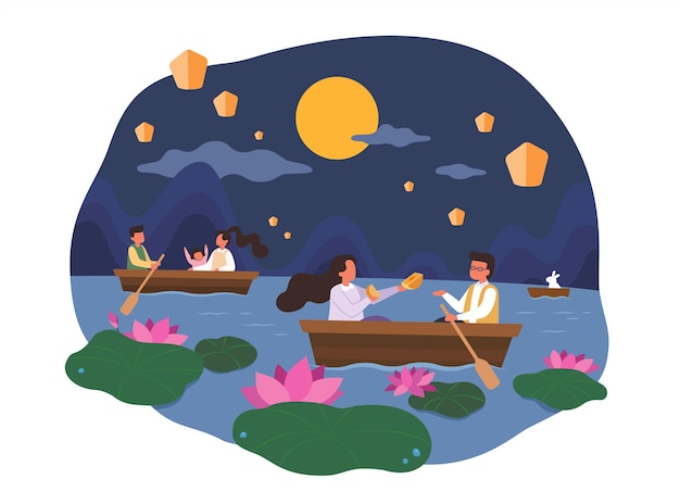 Noche del festival de mediados de otoño ilustración plana de personas remando en un lago tranquilo por la noche con linternas volando en el cielo