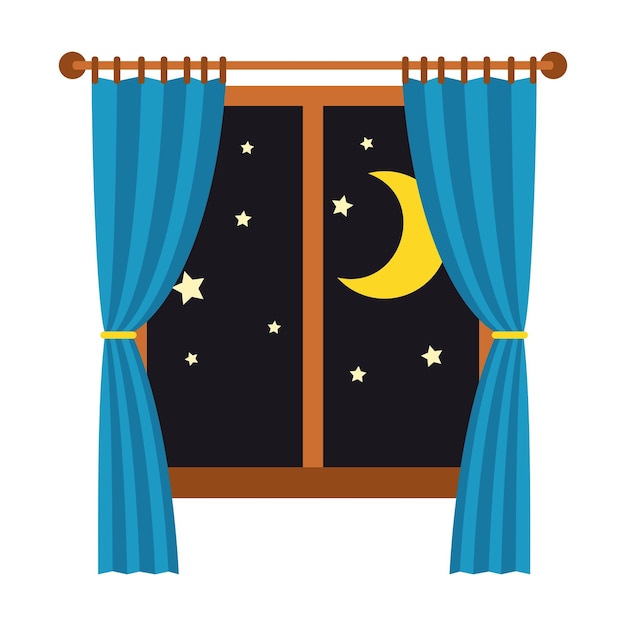 Noche fuera de la ventana con cortinas azules aisladas sobre un fondo blanco dormir y descansar