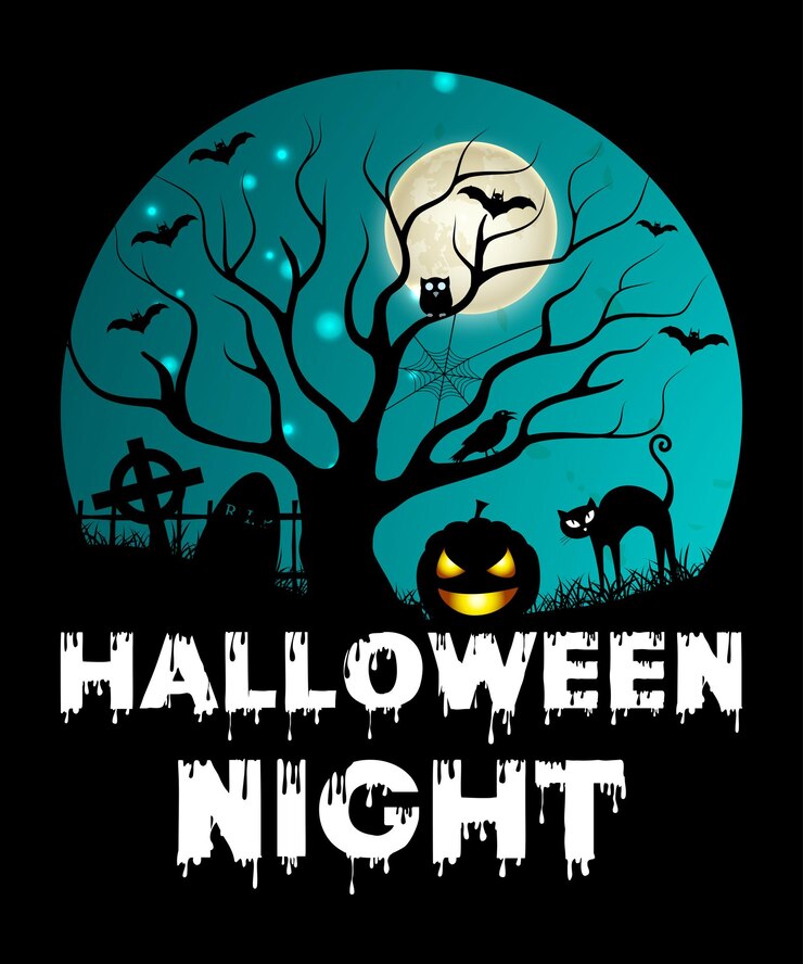 Noche de Halloween Calabaza de Halloween gato murciélago tumba luz de miedo noche de luna diseño de camisa retro vintage