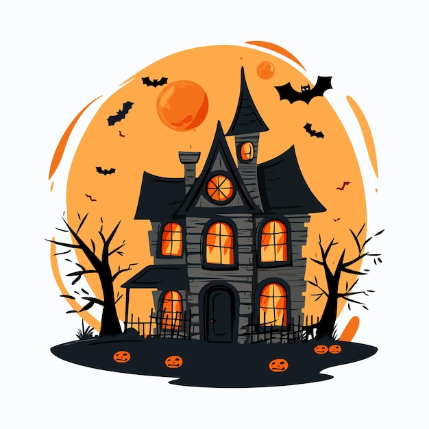 Noche de Halloween con una casa espeluznante y fondo de Halloween de murciélagos