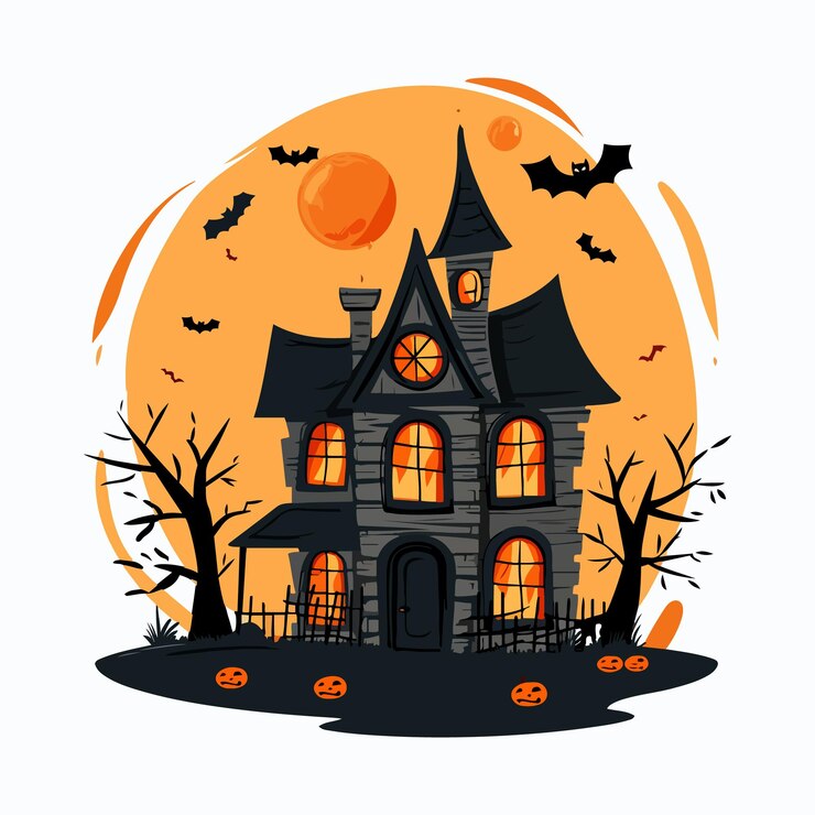 Noche de Halloween con una casa espeluznante y fondo de Halloween de murciélagos