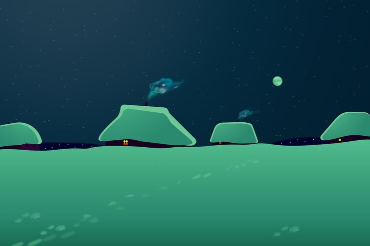 Noche de invierno en un pueblo ucraniano. Un paisaje minimalista con temática navideña. Casas cubiertas de nieve