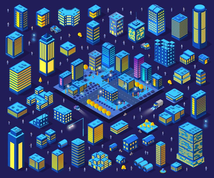 Vector noche isométrica inteligente azul ultravioleta conjunto barrio ciudad por la noche con luces