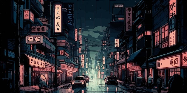 Noche lluviosa en el vector de ilustración NeonLit Asian Alleyway