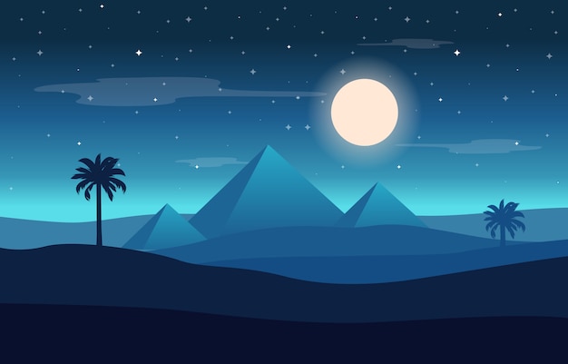 Noche Luna Llena Egipto Pirámide Desierto Paisaje Árabe Ilustración