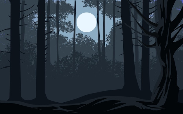 Vector noche de luna oscura en el bosque. paisaje de naturaleza vectorial