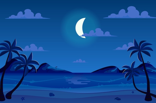 Vector noche de luna en el paisaje de la orilla del mar en estilo de dibujos animados planos