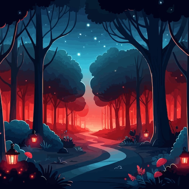 Noche mágica con luz roja o noche paisaje de dibujos animados del bosque árboles misteriosos y hadas de la carretera tal