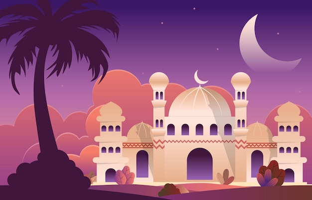 Noche Mezquita Ramadán Kareem Eid Mubarak Tarjeta Celebración Musulmana Islámica