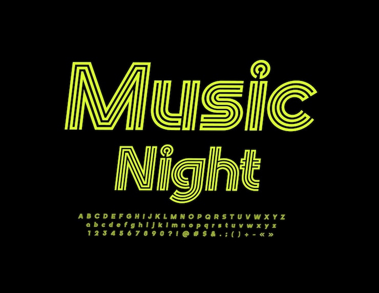 Vector noche de música de emblema moderno vectorial. fuente brillante. conjunto de letras, números y símbolos del alfabeto artístico