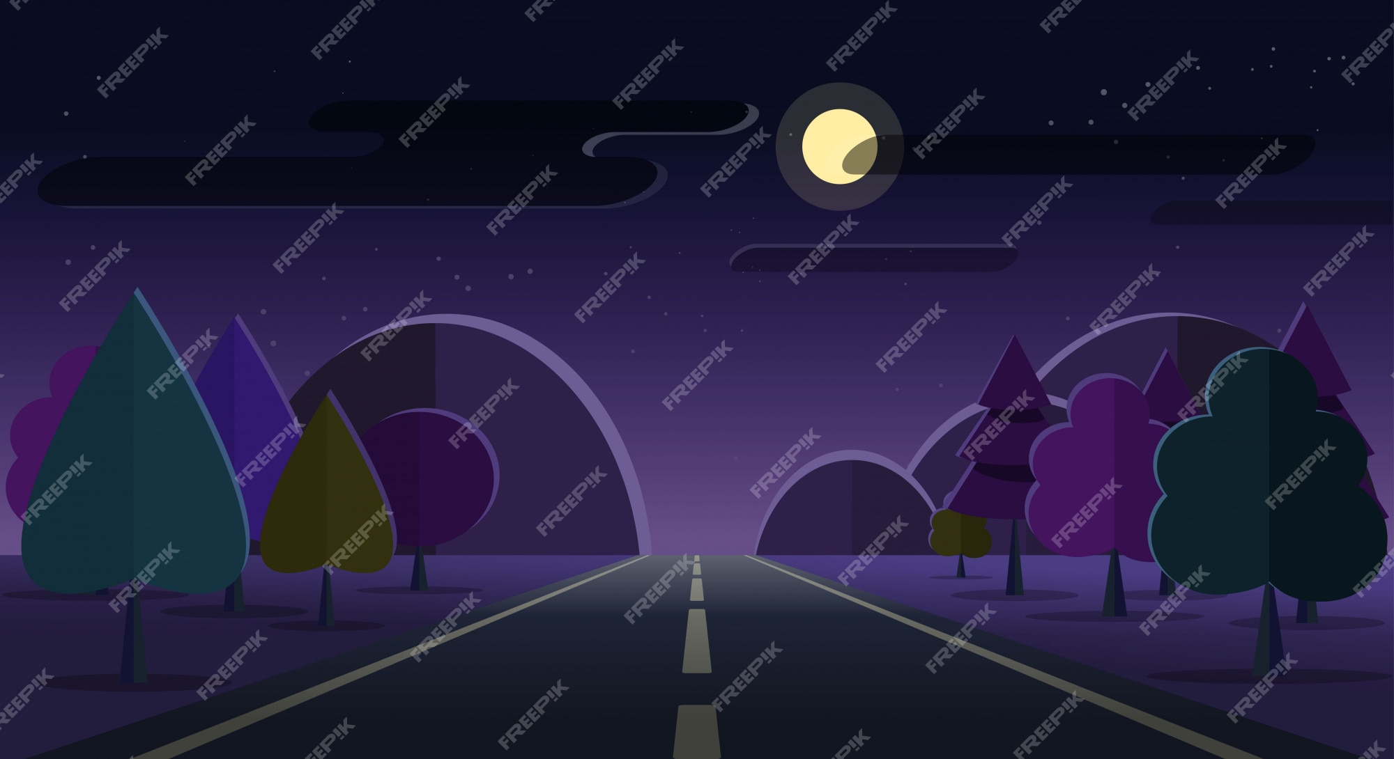 Noche naturaleza paisaje carretera y montañas en luna nube estrellas cielo dibujos animados plana | Vector Premium Noche naturaleza paisaje carretera y montañas en luna nube estrellas cielo dibujos animados plana | Vector Premium