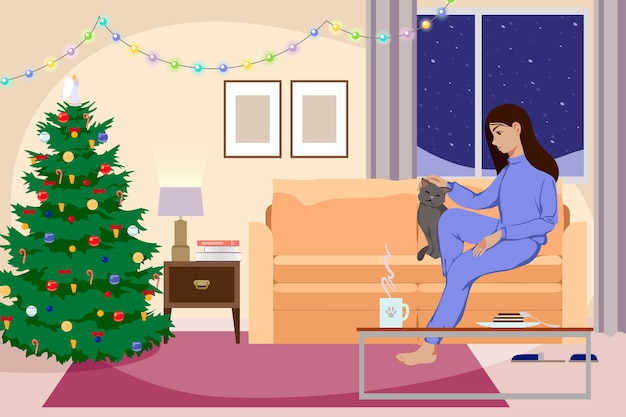 Noche de navidad en casa con un gato. aislamiento de invierno, año nuevo. ilustración vectorial.