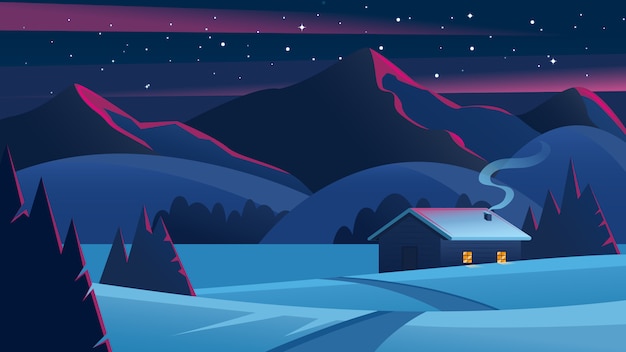 Vector noche de navidad paisaje con montañas y una cabaña solitaria. nochebuena paisaje. casa acogedora en bosque de invierno. paisaje invernal