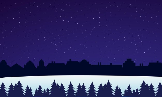 Vector noche nevada con edificios y árbol de navidad