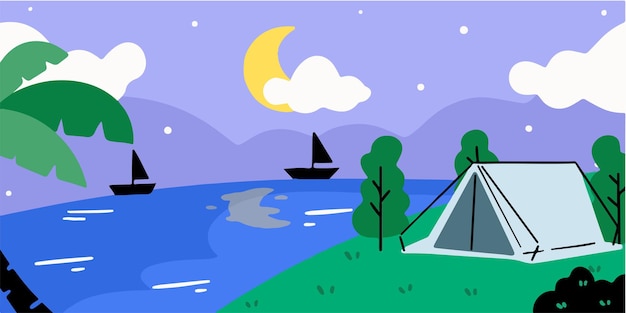 Vector noche relajante en el campamento de verano doodle illustration exclusive