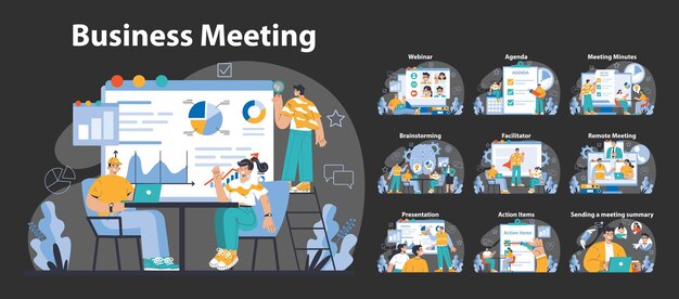 Noche de reuniones de negocios o modo oscuro conjunto de trabajo en equipo corporativo y sesiones de estrategia seminarios web