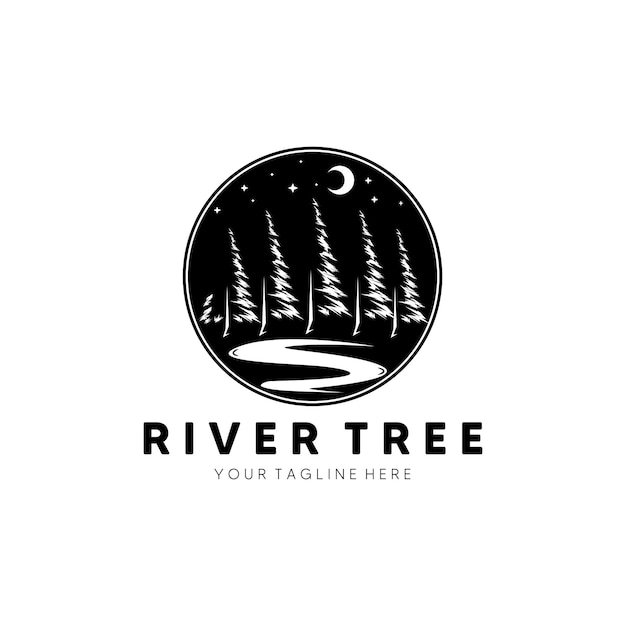 Noche río árbol logo vector ilustración diseño emblema vintage arte