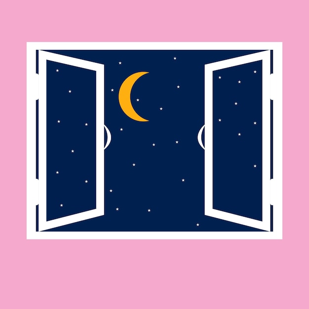 Noche por la ventana aislada sobre fondo rosa Cielo nocturno con estrellas y luna