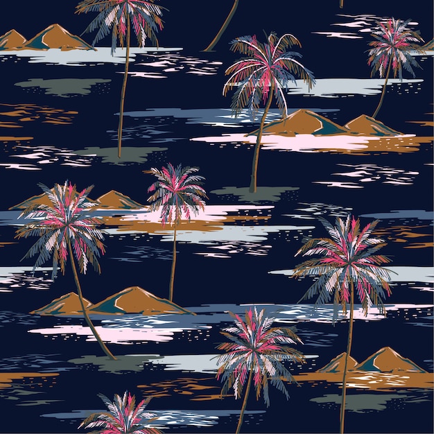 Noche de verano oscuro patrón de isla perfecta paisaje con palmeras coloridas