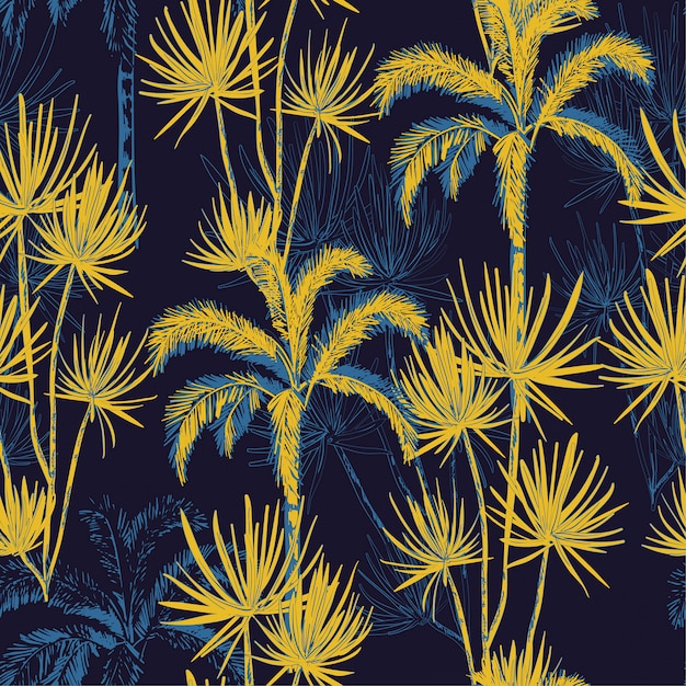 Noche de verano tropical dibujado a mano línea bosquejo palmeras