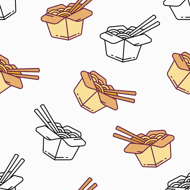 Noddle box doodle dibujado a mano comida china de patrones sin fisuras ilustración vectorial