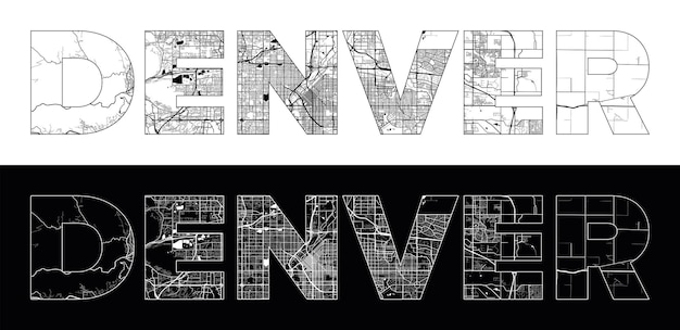 Vector nombre de la ciudad de denver estados unidos américa del norte con vector de ilustración de mapa de ciudad en blanco y negro