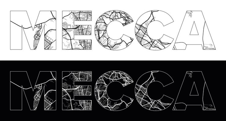 Vector nombre de la ciudad de la meca arabia saudita asia con vector de ilustración de mapa de ciudad en blanco y negro