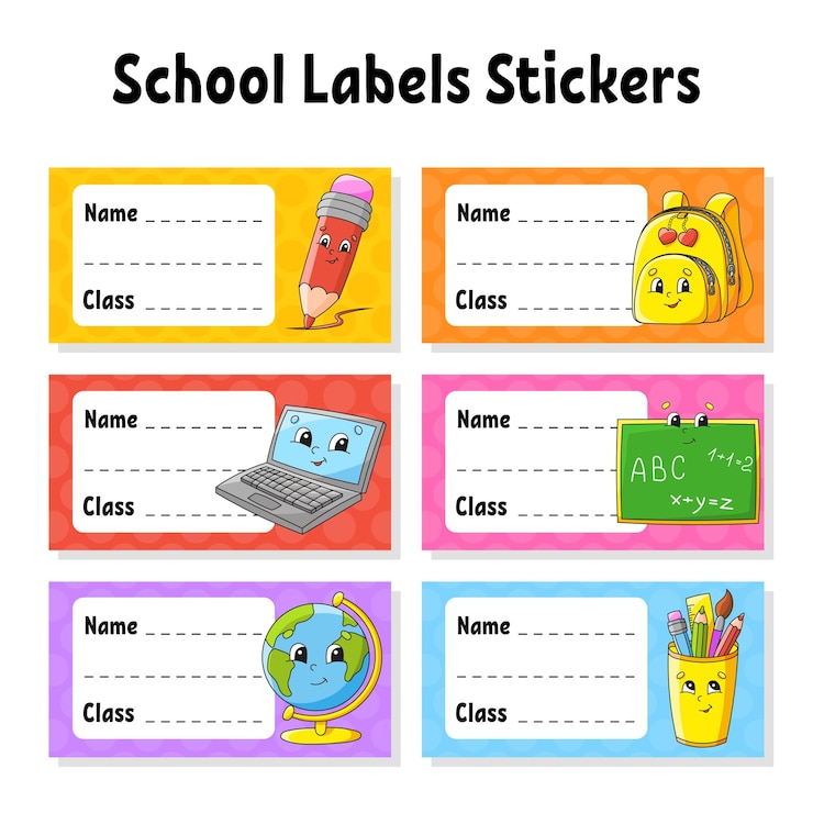 Vector nombre y clase etiquetas de regreso a la escuela establecer pegatinas para cuaderno pegatinas brillantes etiqueta rectangular personajes lindos