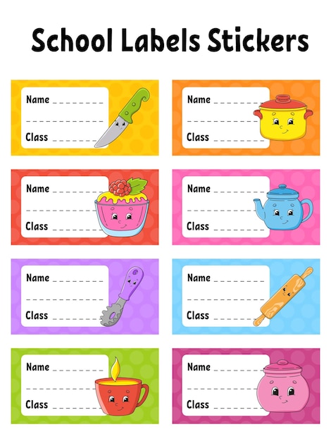 Nombre y clase Etiquetas de regreso a la escuela Establezca pegatinas para el cuaderno Etiquetas brillantes Etiqueta rectangular Ilustración vectorial
