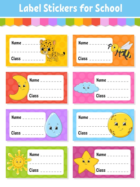 Nombre y clase Etiquetas de regreso a la escuela Establezca pegatinas para el cuaderno Etiquetas brillantes Etiqueta rectangular Ilustración vectorial