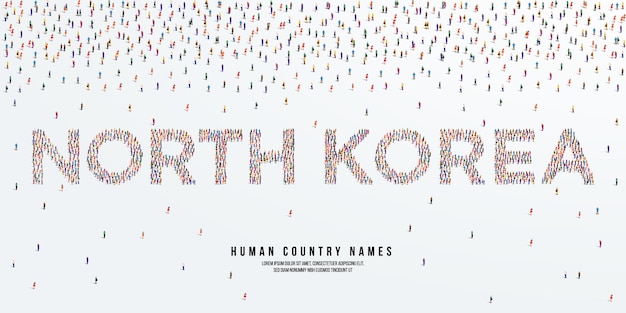 Nombre de país humano Corea del Norte. un gran grupo de personas se forman para crear el nombre del país Corea del Norte.