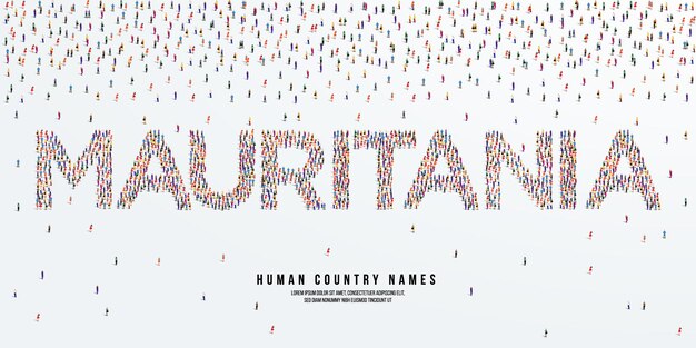 Nombre de país humano mauritania. un gran grupo de personas se forman para crear el nombre de país mauritania. vector