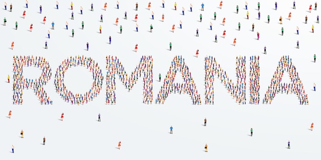 Nombre de país humano rumania. un gran grupo de personas se forman para crear el nombre de país rumania. vector.