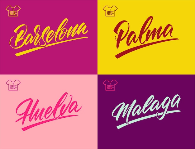 Nombres de ciudades españolas en estilo de letras. barcelona, palma, málaga, huelva. para corte e impresión láser. ilustración vectorial.