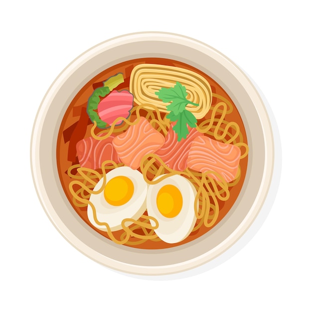 Noodles con salmón y huevos hervidos servidos en el plato Ilustración vectorial vista desde arriba