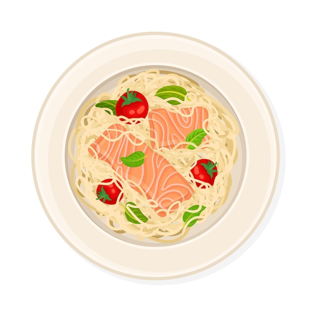 Noodles con salmón y verduras servidos en el plato Ilustración vectorial vista de arriba
