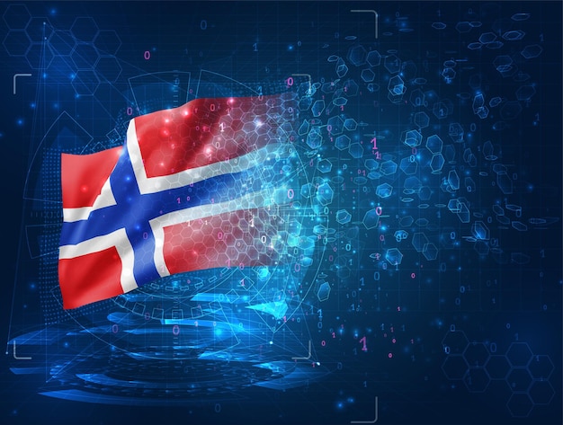 Noruega, vector bandera 3d sobre fondo azul con interfaces hud