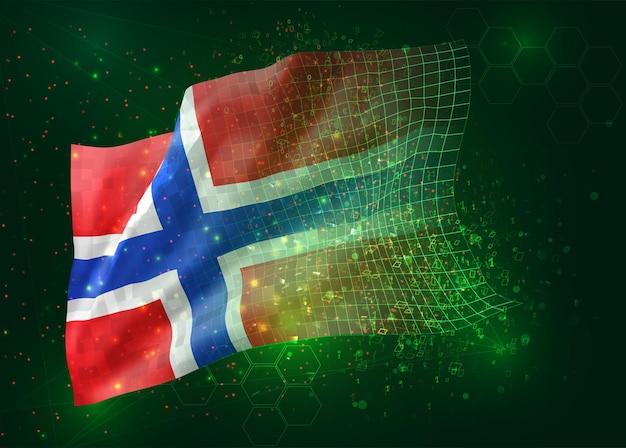 Noruega, vector bandera 3d sobre fondo verde con polígonos y números de datos