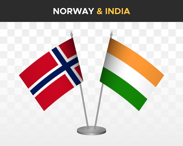Noruega vs india escritorio banderas maqueta aislado 3d vector ilustración bandera de mesa norvegian