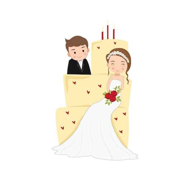Nos vamos a casar con un pastel de bodas. Vector de pareja de boda aislado sobre fondo blanco.