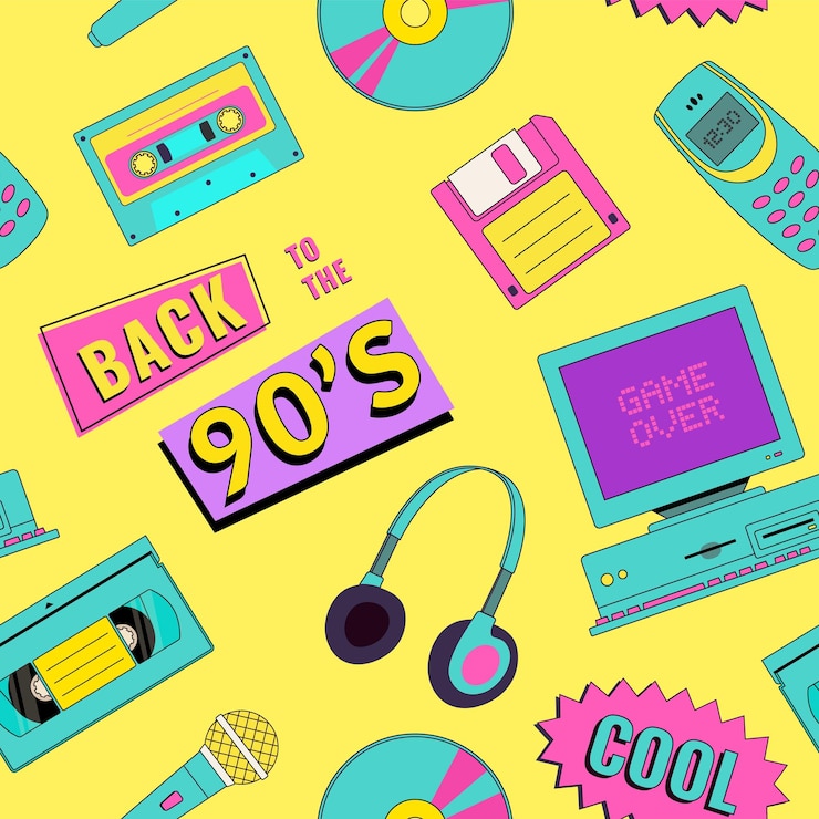 Vector nostalgia por los artículos de los años 90 patrón sin costuras festival de música retro viejo reproductor de casetes de pc pop art