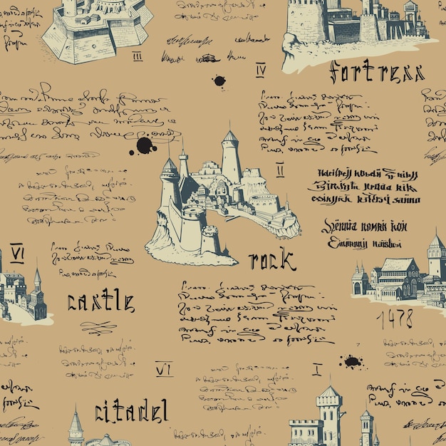Nota de un antiguo diario con dibujos de ciudades antiguas