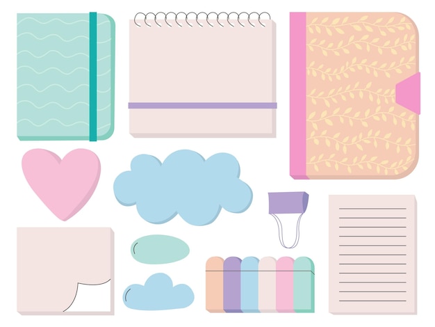 Nota de cuaderno y pegatinas de recordatorio conjunto plano vectorial conjunto de cuadernos de dibujo de estilo plano y notas de recordatorio