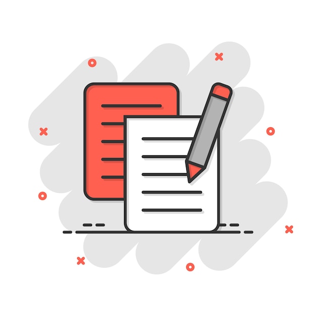 Nota de documento con icono de pluma en estilo cómic Ilustración de vector de dibujos animados de lápiz de hoja de papel sobre fondo blanco Concepto de negocio de efecto de salpicadura de documento de Bloc de notas