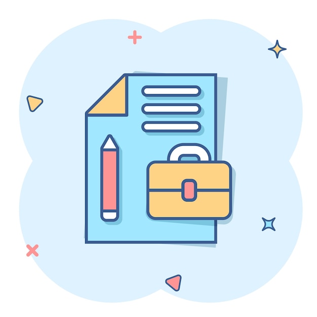 Nota de documento con icono de pluma en estilo cómico Lápiz de hoja de papel y maletín ilustración vectorial de dibujos animados sobre fondo blanco Concepto de negocio de efecto de salpicadura de documento de Bloc de notas
