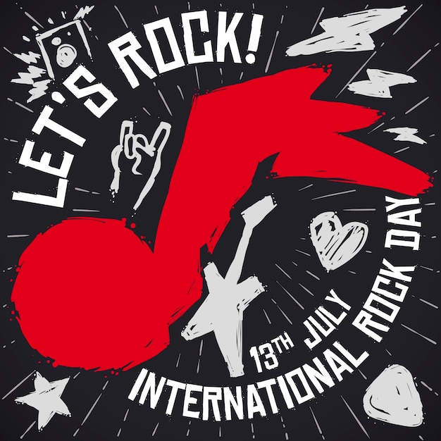 Vector nota musical y garabatos para conmemorar la celebración del día internacional del rock