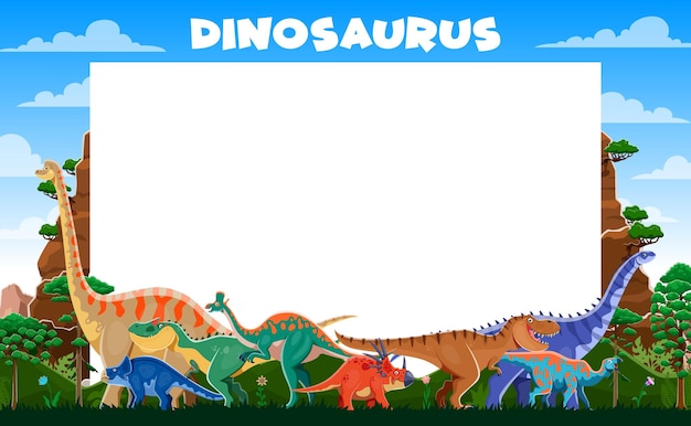 Nota de papel blanco con un marco de dinosaurios prehistóricos