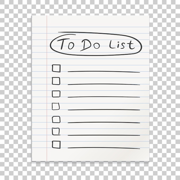 Nota de papel de línea realista Icono de lista de tareas con texto dibujado a mano Diario de negocios de la escuela Cuaderno de papelería de oficina sobre fondo aislado