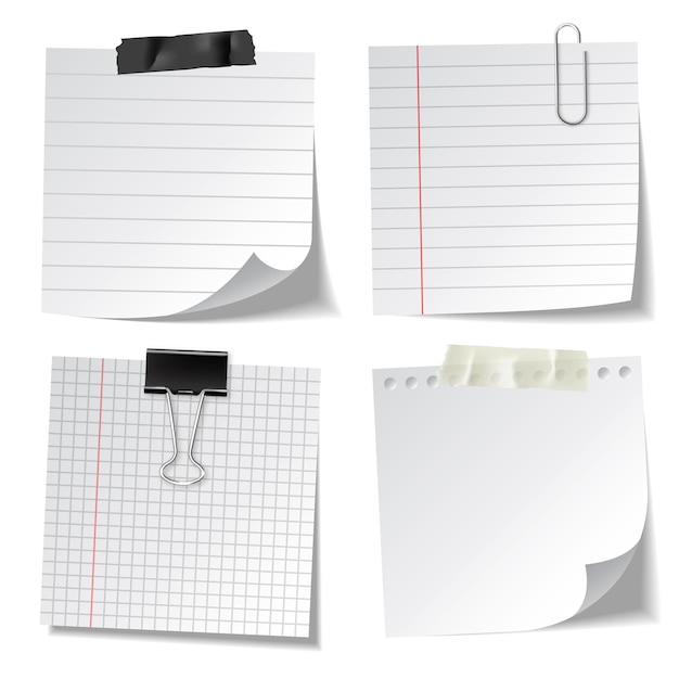 Notas adhesivas alineadas realistas con carpeta de clip y cinta adhesiva hojas de papel de notas en blanco con información